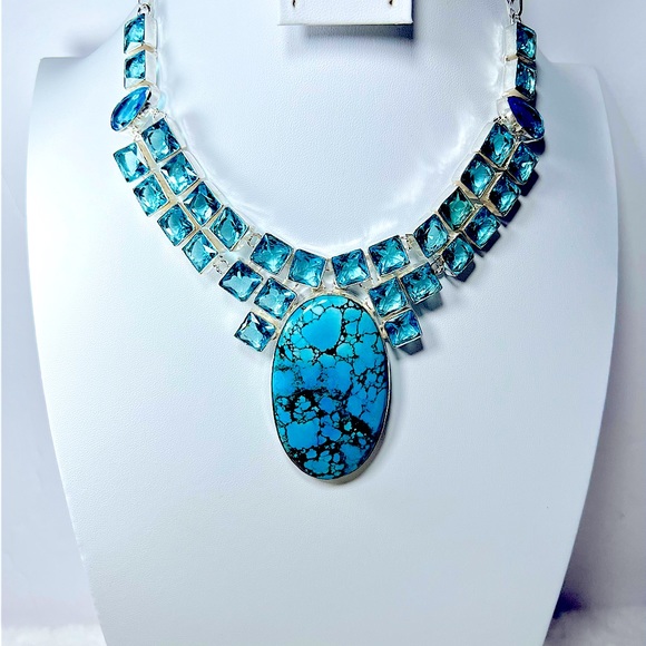 Amazing 925 Large Turquoise Blue Topaz Statement Necklace - Picture 1 of 5
